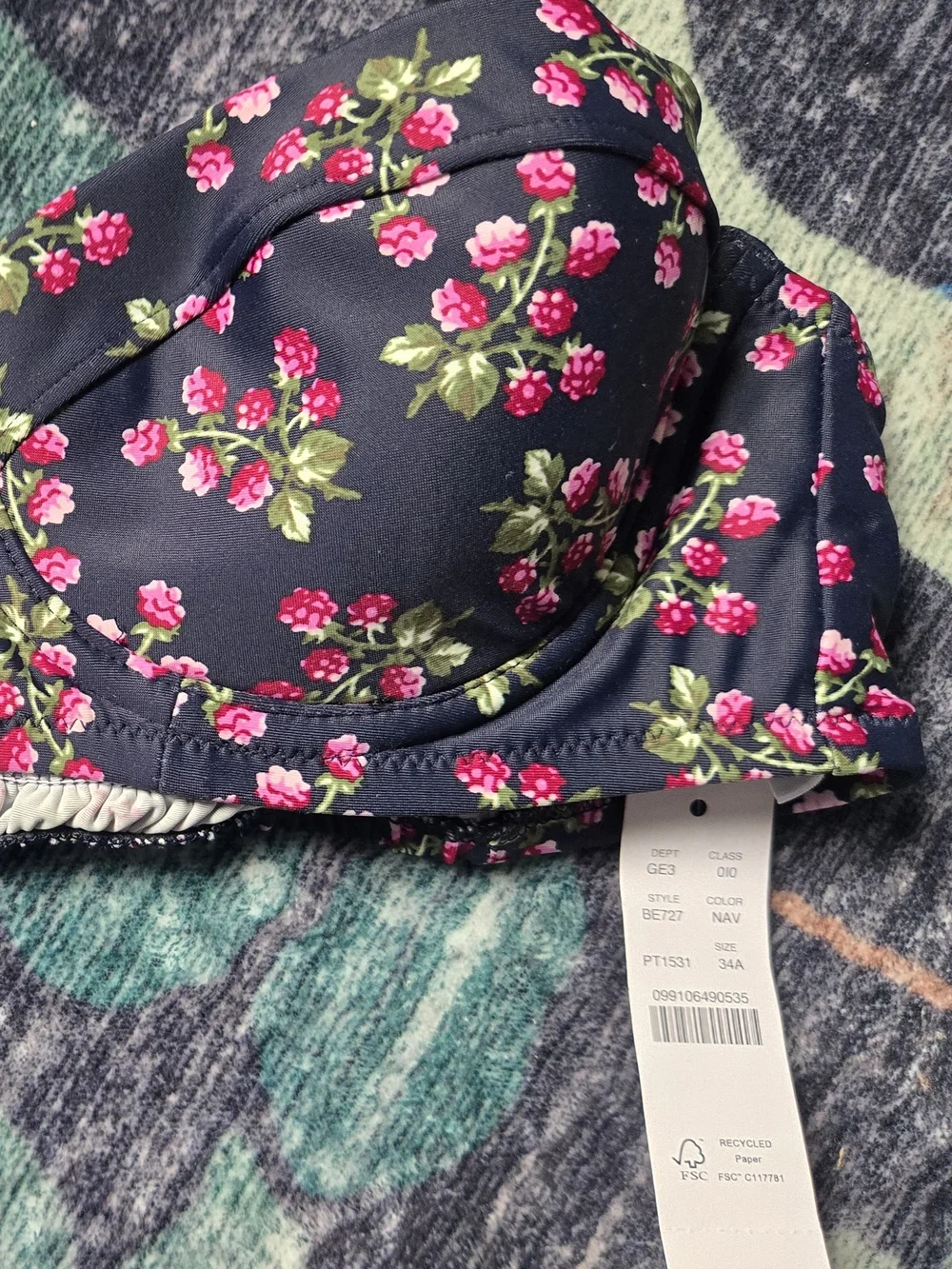 NWT J Crew Raspberry Fruit Print Navy Bikini Top Swimwear Size 34A